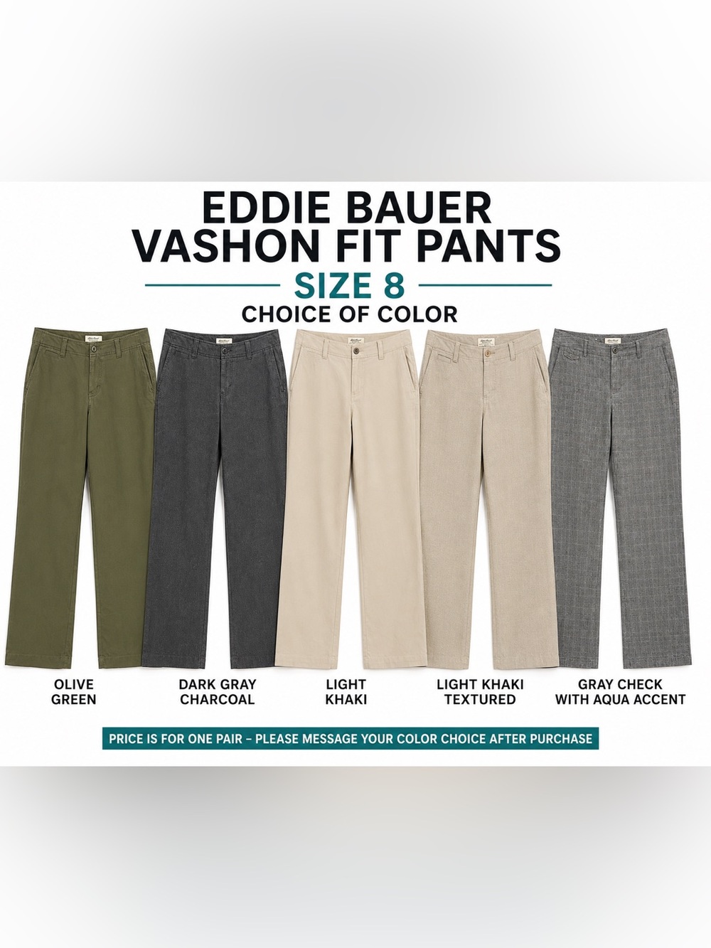 Eddie Bauer Vashon Fit Pants Size 8 Choice of Color Olive Gray Khaki Check